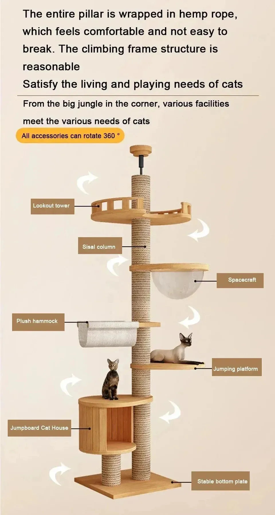 Cat Climbing Frame Floor To Ceiling Pussy Tree Tower Wooden Adjustable Pet Pillar Integrated Cattery With Hammock Kitty Nest