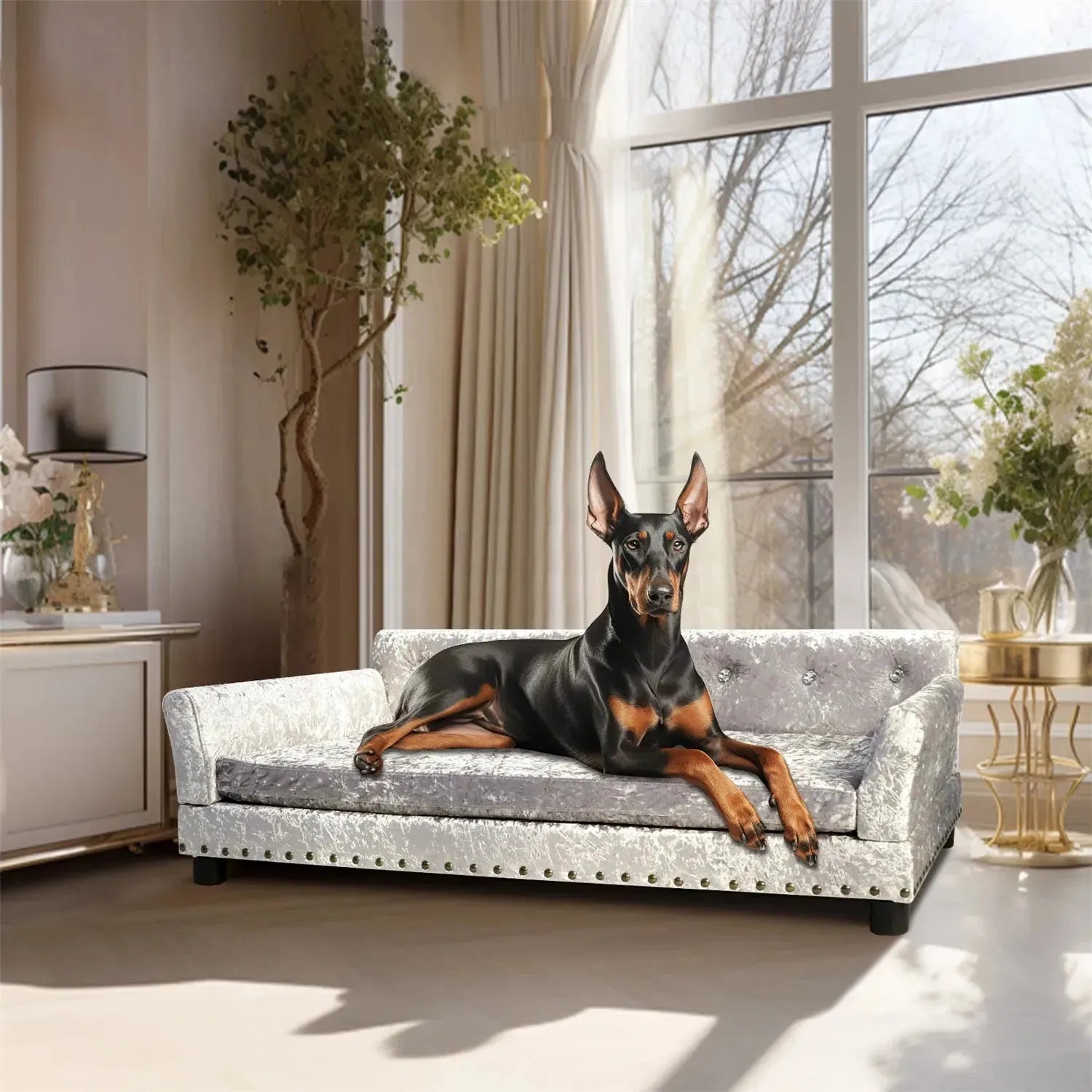 BingoPaw Large Dog Sofa Bed Deluxe Tufted Elevated Jumbo Dog Couch Bed Made Velvet - Pet Giant Snuggle Sofa Lounger Memory Foam