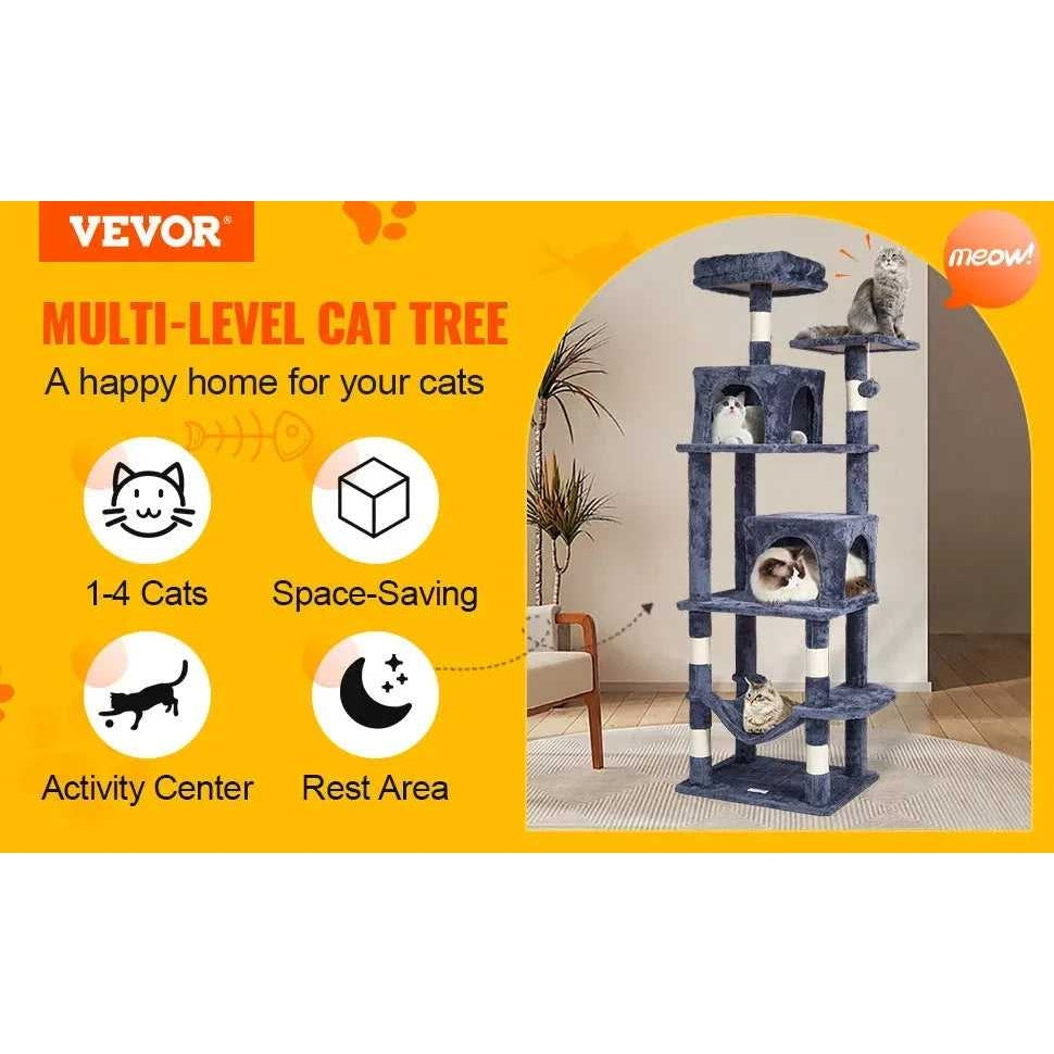 VEVOR Cat Tree for Indoor Cats 63" Cat Tower with 2 Cat Condos Sisal Scratching Post Large Cat Furniture Activity Center