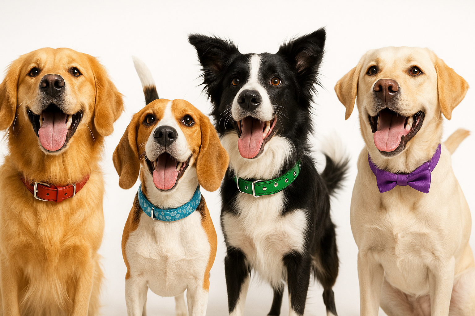 I need a website image banner, 1200x400 showing happy dogs wearing different collars.