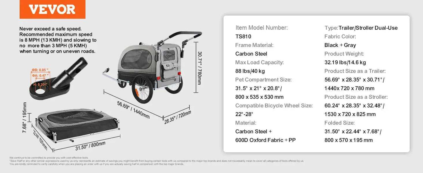 VEVOR 88 lbs 2-in-1 Pet Stroller Cart Dog Bike Trailer with Wheels Reflectors Easy Folding Cart Frame Bicycle Coupler Carrier