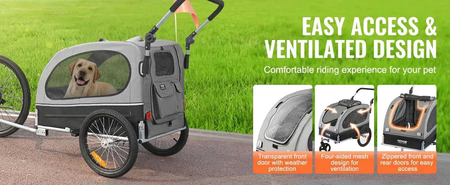 VEVOR 88 lbs 2-in-1 Pet Stroller Cart Dog Bike Trailer with Wheels Reflectors Easy Folding Cart Frame Bicycle Coupler Carrier