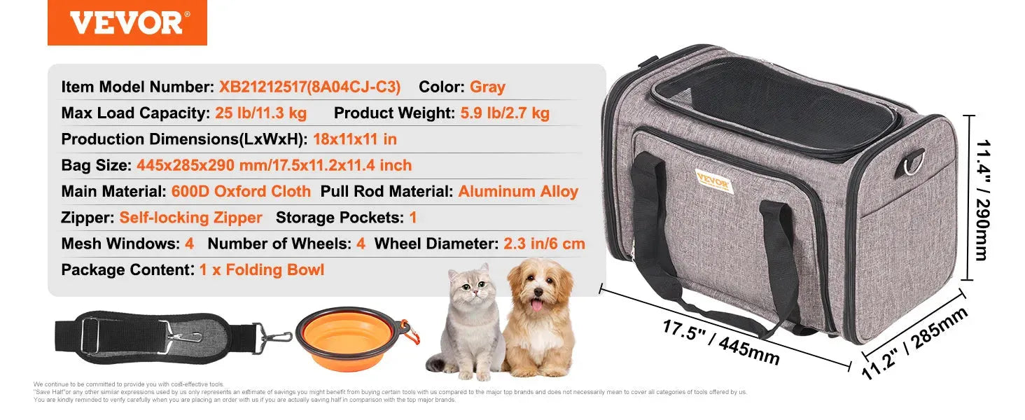 VEVOR Pet Cat Carrier Breathable Outgoing Dog Carry Backpack with Telescopic Handle Wheels and Shoulder Strap for Travel Trip