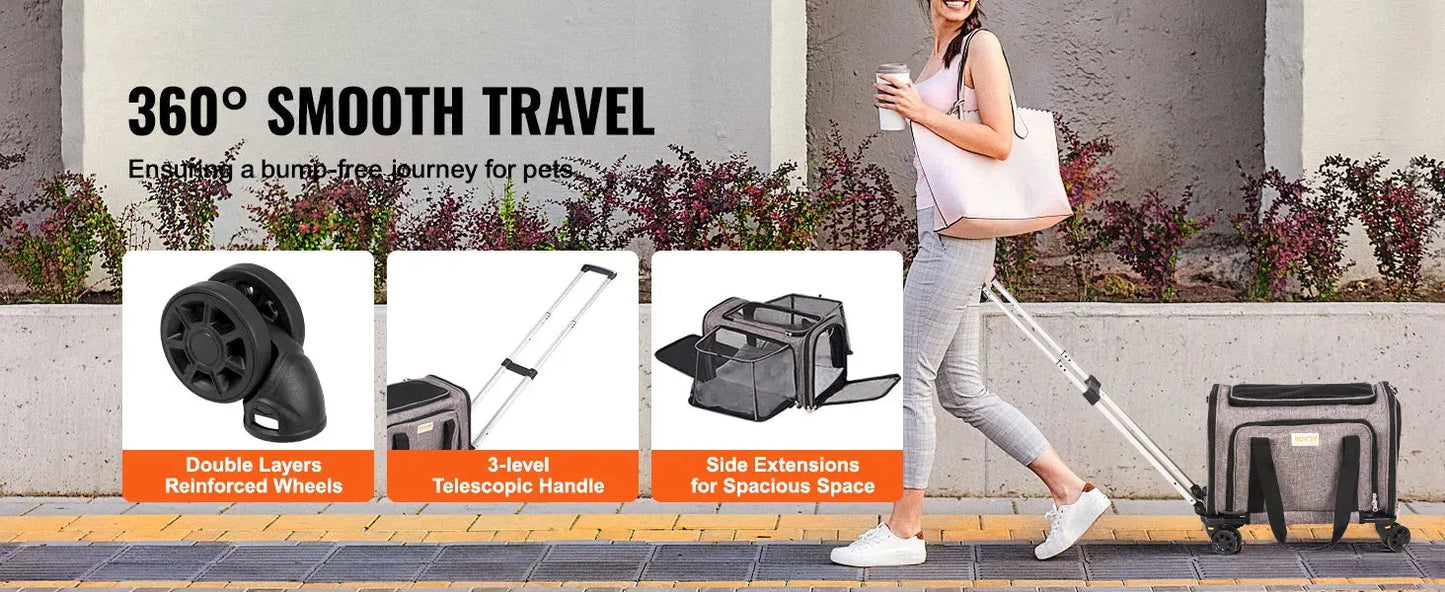 VEVOR Pet Cat Carrier Breathable Outgoing Dog Carry Backpack with Telescopic Handle Wheels and Shoulder Strap for Travel Trip